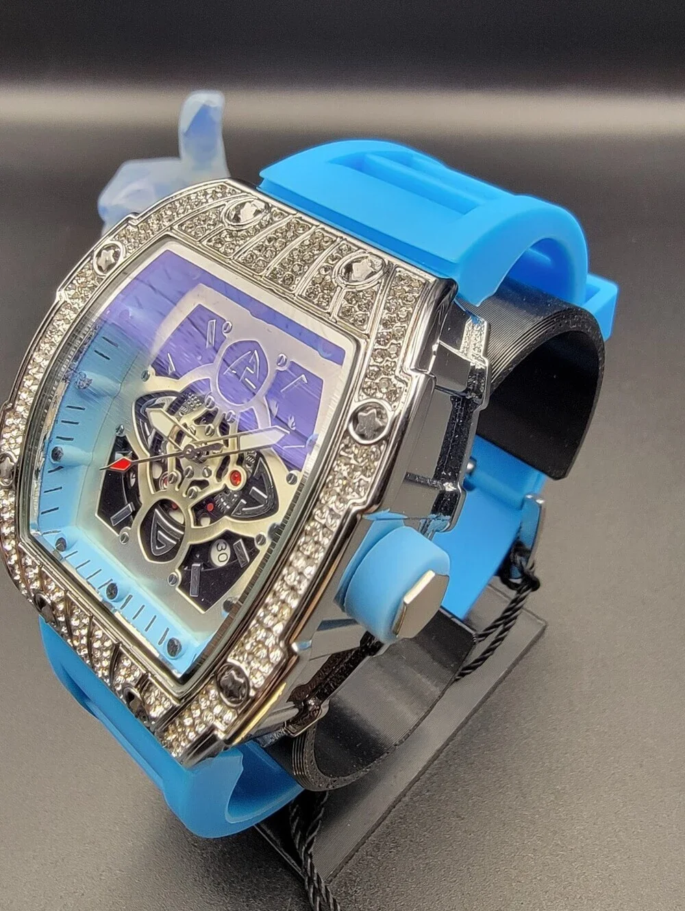 NWT Mens AJ Brand Blue Skeleton Diamond Style 41.5mm Watch Silicone Band w/Date
